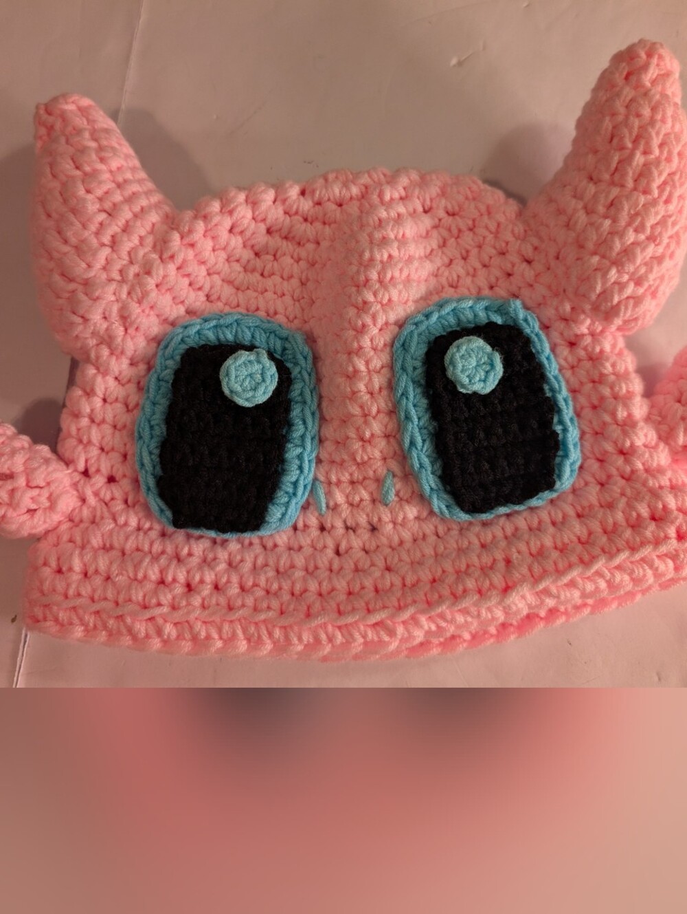 Handmade Pink Crochet Monster Hat with Blue Eyes